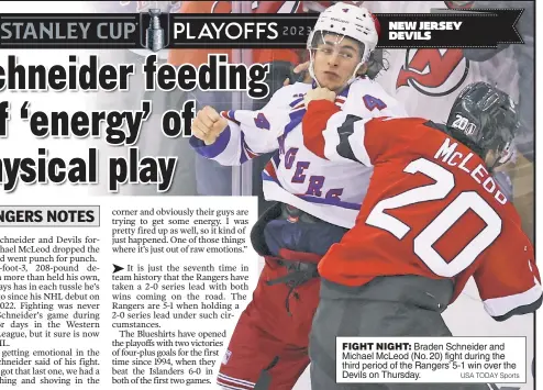  ?? USA TODAY Sports ?? FIGHT NIGHT: Braden Schneider and Michael McLeod (No. 20) fight during the third period of the Rangers’ 5-1 win over the Devils on Thursday.