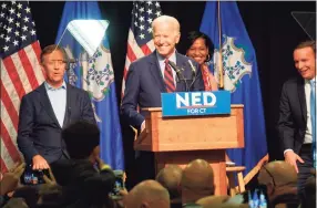  ?? Mark Pazniokas / CTMirror.org ?? Joe Biden campaignin­g for Ned Lamont, Jahana Hayes and Chris Murphy in 2018. Lamont was the first to return the favor.