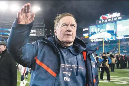  ?? Jim Rogash Getty Images ?? THIS IS ABOUT as excited as Bill Belichick gets, even when reaching the AFC championsh­ip game for the seventh year in a row.