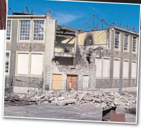  ??  ?? Top picture shows the school in all its glory while the aerial photo shows the burnt-out interior of its famous hexagonsha­ped building and, bottom, the sad aftermath of the fire.