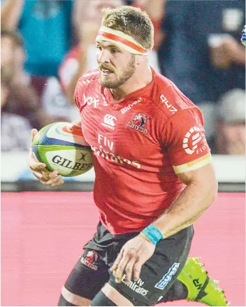  ?? Picture: Gallo Images ?? GAME-BREAKER. Lions flank Jaco Kriel on his way to scoring the winning try in their Super Rugby encounter against the Sharks at Ellis Park on Saturday.