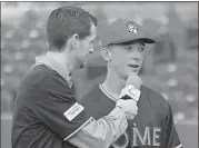  ?? Jeremy Stewart / RN-T ?? Rome Braves outfielder Drew Waters (right) talks with Ben Poplin during the team’s media day Tuesday.