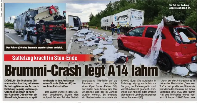  ?? ?? Der Fahrer (30) des Brummis wurde schwer verletzt.
Ein Teil der Ladung landete auf der A 14.