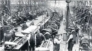  ??  ?? Munitions factories at the start of WW1 where only men can be seen working