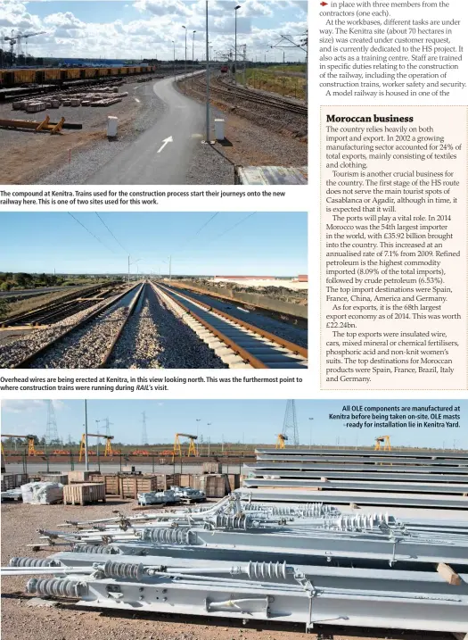  ??  ?? The compound at Kenitra. Trains used for the constructi­on process start their journeys onto the new railway here. This is one of two sites used for this work. Overhead wires are being erected at Kenitra, in this view looking north. This was the...