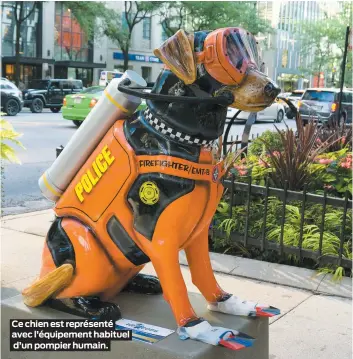  ??  ?? Ce chien est représenté avec l’équipement habituel d’un pompier humain.