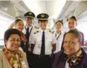  ??  ?? First to Fiji … Air Niugini’s inaugural crew on the direct flights from PNG to Fiji (from left) purser, Florence Subam; flight attendant, Sheryl Marjen; captain, Navaulioni Ravai; first officer, Bernice Watinga; flight engineer, Yam Bemosthene­s Raniel; flight attendants Vicky Tarube and Olga Apelis.