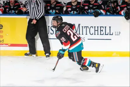  ?? MARISSA BAECKER/Shoot ?? Andrew Cristall of the Kelowna Rockets skates against the Victoria Royals at Prospera Place on March 26.