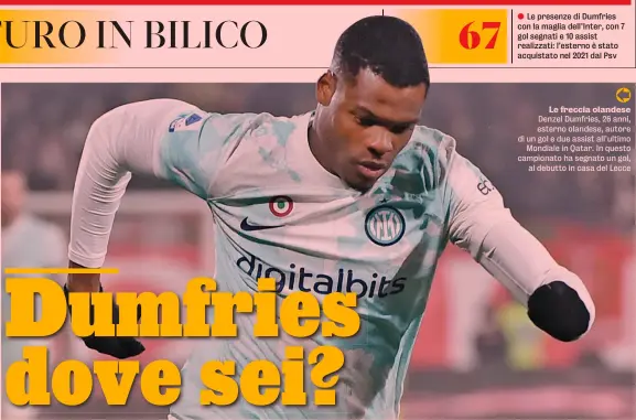  ?? ?? Le freccia olandese Denzel Dumfries, 26 anni, esterno olandese, autore di un gol e due assist all’ultimo Mondiale in Qatar. In questo campionato ha segnato un gol, al debutto in casa del Lecce