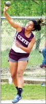  ?? Photo by Randy Moll ?? Chastery Fuamatu of Gentry throws the shot put during the Pioneer Relays. She took first in the event with a throw of 37 feet, 8.5 inches.