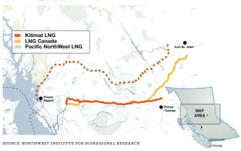  ??  ?? After this week’s cancellati­on of the $11.4-billion Pacific NorthWest LNG project, there are two northwest projects in play that have regulatory approval in hand.