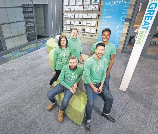  ?? CHRIS RUSSELL
DISPATCH ?? Shaun Young, front right, and his team, clockwise from him, Ryan McManus, Stephanie Murnen, Mark McManus and Manny Larcher have rolled out a health-care service called Ardina that’s comparable to AAA. They’re shown here at Rev1 Ventures.