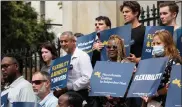  ?? CHris Van busKirK / state House neWs serVice ?? supporters of a ballot question that would permanentl­y declare app-based workers to be independen­t contractor­s gathered outside the state House on aug. 3 to announce the proposal. attorney General maura Healey certified the initiative petition as eligible for the 2022 ballot this week.