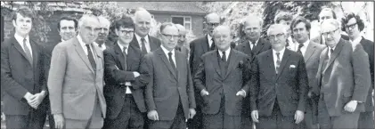  ??  ?? ■
This picture was taken at the The Old Country Club in Quorn 1972/3, at a lunch given by Loughborou­gh solicitors to honour His Honour Dennis Robson, retiring as a district Judge. Both young David Rodgers and his father John Rodgers, founder of Hawley and Rodgers are seen in the picture. From left to right: Malcom Smith of Straw & Pearce, Philip Thomlinson of Moss Toone & Dean, Malcolm Moss of Moss, Verdun Baron of Straw & Pearce, David Rodgers of Hawley and Rodgers, Marvin Walters of Bartlett Walters & Parry, Len Parry of Bartlett Walters & Parry, Ken Brighston- Partner of Moss Toone & Deane, John FD Evans District Registrar, Denis Robson District Registrar, Gordon Horsley District Registrar, John Rodgers founder & of Hawley and Rodgers, Duncan McLaren of Wooley Beardsley & Bosworth, James Toon of Moss Toone & Deane, Jim Blood of Wooley Beardsley & Bosworth, John Beardsley of Wooley Beardsley & Bosworth and David Cooper of Hawley and Rodgers.