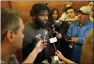 ?? JULIO CORTEZ - THE ASSOCIATED PRESS ?? New York Jets’ Sheldon Richardson talks to reporters during the team’s organized team activities at its training facility Tuesday in Florham Park, N.J.