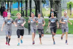  ??  ?? The Montreal Runners arrive at the finish line in Vancouver late last month. From left are Declan McCool, Keiston Herchel, Akshay Grover, Marc-André Blouin, Muhan Patel, and Matthieu Blouin.