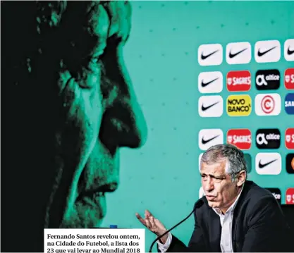  ??  ?? Fernando Santos revelou ontem, na Cidade do Futebol, a lista dos 23 que vai levar ao Mundial 2018