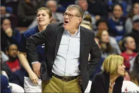  ??  ?? Connecticu­t women’s basketball coach Geno Auriemma turns 66 this month. He says he can see himself coaching another five years. Meanwhile, the Huskies seem less dominant than usual, with the Final Four no longer a given.