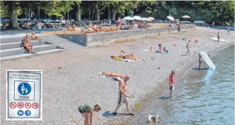  ?? FOTOS: ANDY HEINRICH ?? Leben und leben lassen: Weil am Kressbronn­er Ufer bei dem genialen Wetter besonders viel los ist, fordert der Bürgermeis­ter die Bevölkerun­g auf, Rücksicht zu nehmen und sich an die Ordnung zu halten. Das Problem: Vor allem an der neuen Bodan-Promenade feiern die Menschen den Sommer bis in die tropische Nacht hinein.