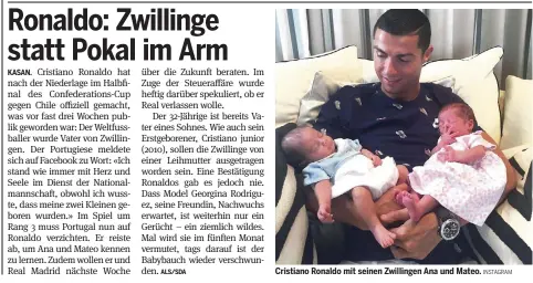  ?? INSTAGRAM ?? Cristiano Ronaldo mit seinen Zwillingen Ana und Mateo.