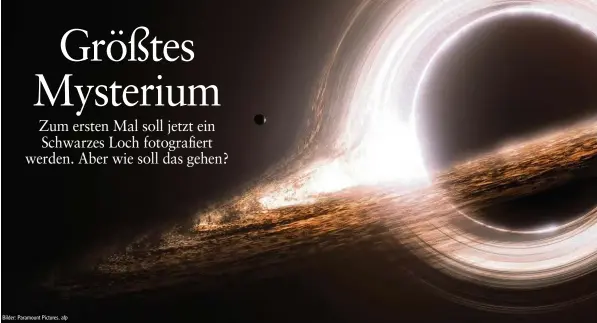  ??  ?? Oben: Darstellun­g eines Schwarzen Lochs im Film „In terstellar“; unten: ein Teil des Tele skop Netzwerks „Event Horizon“.