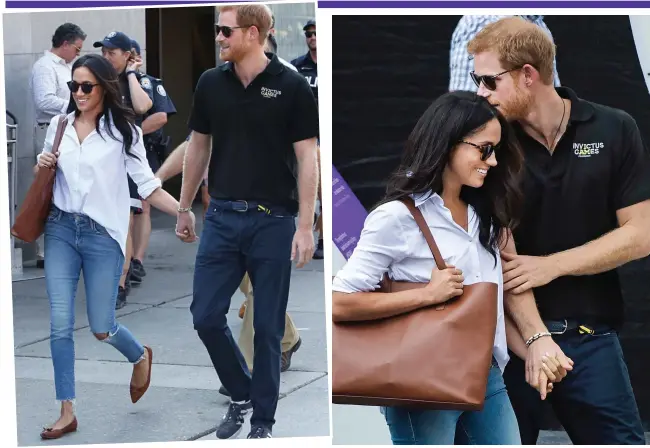  ??  ?? Hand in hand: Meghan Markle and Prince Harry stay close together as they arrive at the Invictus Games venue in Toronto yesterday