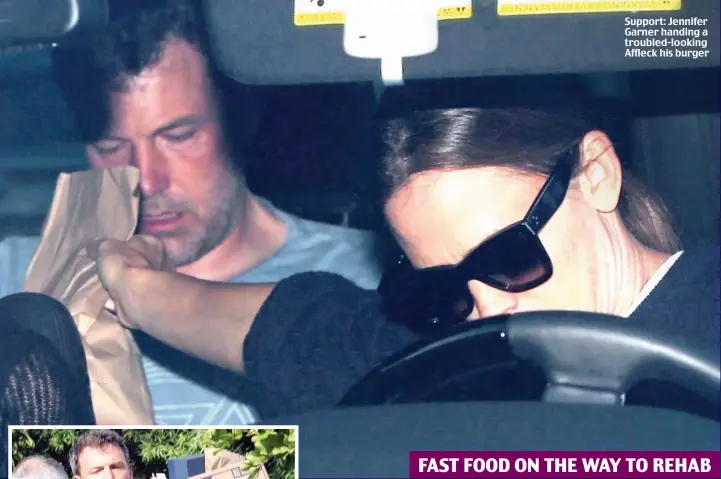  ??  ?? Support: Jennifer Garner handing a troubled-looking Affleck his burger