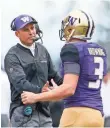  ?? JENNIFER BUCHANAN, USA TODAY SPORTS ?? Coach Chris Petersen and quarterbac­k Jake Browning went 12-1 this season.