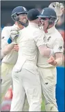  ??  ?? Ben Foakes and Ben Stokes celebrate with Keaton Jennings