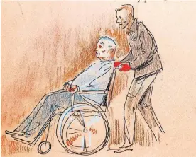  ?? [DAVE KLUG VIA AP] ?? This courtroom sketch depicts Robert Gregory Bowers, who was wounded in a gun battle with police, as he appeared in a wheelchair at federal court Monday in Pittsburgh. Bowers, accused in the Pittsburgh synagogue massacre, appeared briefly to face charges he killed 11 people.