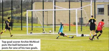  ??  ?? Top goal scorer Archie McNicol puts the ball between the posts for one of his two goals.