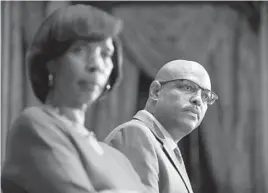  ?? LLOYD FOX/BALTIMORE SUN ?? Joel Fitzgerald, right, the choice of Baltimore Mayor Catherine Pugh, left, to head the Police Department, could be paid more than his predecesso­rs.