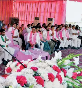  ??  ?? GETTING CROWDED Telangana CM K. Chandrashe­kar Rao at a public meeting in Nalgonda district, Feb. 10