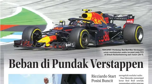  ??  ?? TERCEPAT: Pembalap Red Bull Max Verstappen untuk membukukan waktu tercepat pada FP2 di Sirkuit Hockenheim­ring tadi malam (20/7).