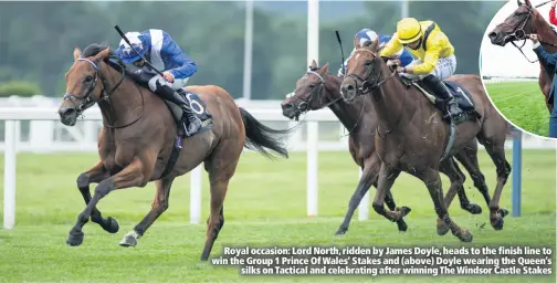  ??  ?? Royal occasion: Lord North, ridden by James Doyle, heads to the finish line to win the Group 1 Prince Of Wales’ Stakes and (above) Doyle wearing the Queen’s
silks on Tactical and celebratin­g after winning The Windsor Castle Stakes