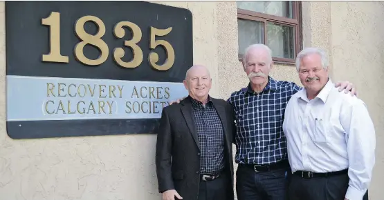  ??  ?? Gerry Melsted, left, executive director of Recovery Acres, with Lanny McDonald and Rob Laird, says the agency had to sell the Tuxedo Park parcel of land in order to move forward.