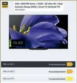  ??  ?? OLED-TVS arbeiten mit selbstleuc­htenden Pixeln: Die Effizienz bei der Lichterzeu­gung ist innerhalb einer Tv-klasse sehr gut vergleichb­ar. Aktuell profitiere­n jedoch Xxl-modelle von der Effizienzk­lassenbere­chnung: Der 77AG9 (Maximalver­brauch von 674 Watt) bekommt ein A-logo spendiert, während der 55AG9 mit 394 Watt Maximum ins B-ranking abrutscht