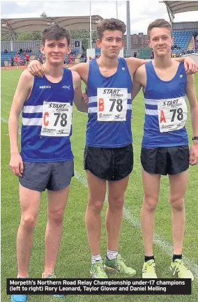  ??  ?? Morpeth’s Northern Road Relay Championsh­ip under-17 champions (left to right) Rory Leonard, Taylor Glover and Daniel Melling