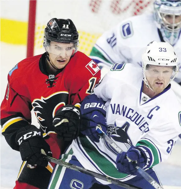  ??  ?? The strong play of Calgary Flames centre Mikael Backlund has been noticed in Calgary and beyond, with opposing players such as Vancouver Canucks’ Henrik Sedin taking note of his efforts. — TED RHODES/POSTMEDIA NEWS FILES