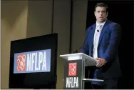  ?? CHRIS CARLSON — THE ASSOCIATED PRESS FILE ?? In a Thursday, Jan. 30, 2020file photo, Eric Winston, president of the NFL Players Associatio­n, speaks at the annual state of the NFLPA press conference, in Miami Beach, Fla. NFL players have approved a new labor agreement with the league that features a 17-game regular season, higher salaries, increased roster sizes and larger pensions for current and former players.