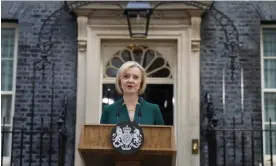  ?? Stefan Rousseau/PA ?? Liz Truss speaks outside 10 Downing Street before travelling to Buckingham Palace for an audience with the king to formally resign as prime minister, 25 October 2022. Photograph: