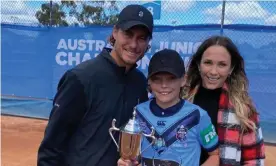 ?? Photograph: Instagram ?? Cruz Hewitt, 12, poses proudly with his trophy anlongside parents Lleyton and Bec Hewitt.
