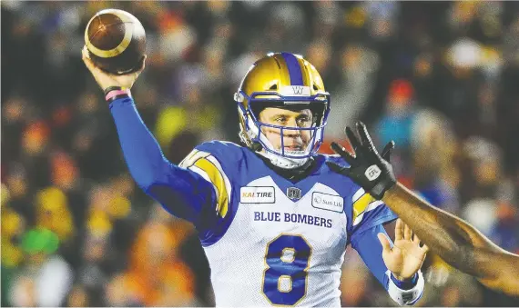  ?? GETTY IMAGES FILES ?? Zach Collaros of the Blue Bombers sat out much of 2019 after suffering a concussion. He has signed a multi-year deal with Winnipeg, both sides knowing the risks.