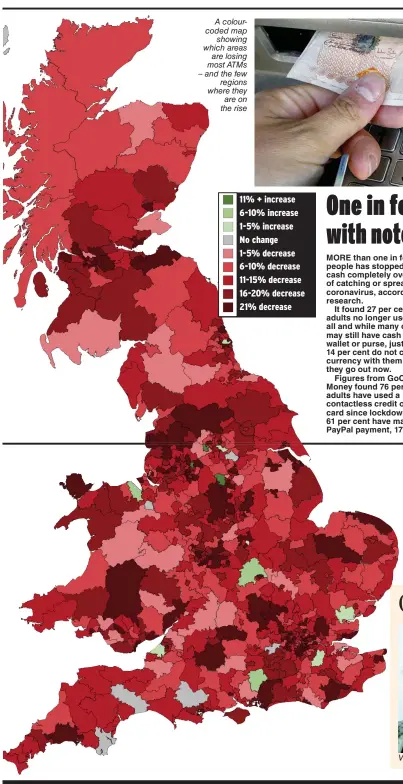  ??  ?? A colourcode­d map showing which areas are losing most ATMs – and the few regions where they are on the rise