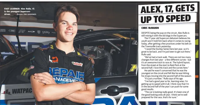  ?? Picture: ZAK SIMMONDS Aussie Racing Cars driver Emma Clark at the track yesterday with children Sienna, 5, and Liam, 10. ?? FAST LEARNER: Alex Rullo, 17, is the youngest Supercars driver.