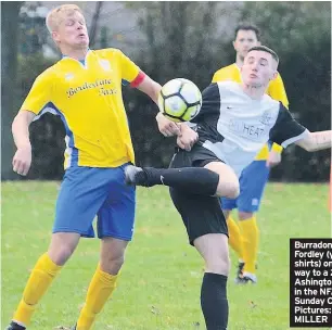  ??  ?? Burradon and New Fordley (yellow shirts) on their way to a 2-1 win at Ashington RAOB in the NFA Sunday Cup. Pictures: STEVE MILLER