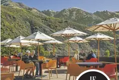  ?? ?? Christophe­r Reynolds / Los Angeles Times
TREEBONES resort, north of Gorda, clockwise from far left; Pfeiffer Big Sur State Park; diners at Nepenthe’s Cafe Kevah; visitors take chairs from the Big Sur River Inn to soak in the Big Sur River; the Bixby Creek Bridge, center.