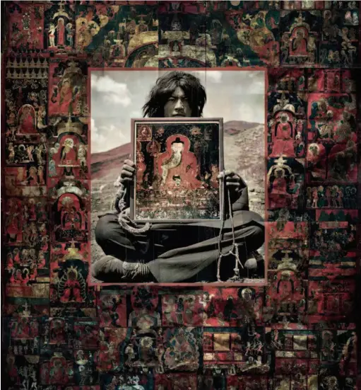  ??  ?? The picture’s background is part of a thangka dating back to the 12th century from the Riwoche Monastery in Tibet’s Qamdo Prefecture. The young Tibetan is holding a photograph of a Buddha statue on Gyantse Dzong Mountain.