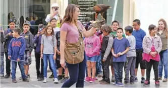  ??  ?? Alyssa Bordonaro walks with her Harris’s Hawk named Dany as schoolchil­dren ask questions at the Museum of Modern Art.