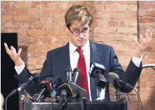  ?? MARY ALTAFFER/ASSOCIATED PRESS ?? Milo Yiannopoul­os speaks at a news conference Tuesday in New York, where he apologized for positive comments he made about sexual relationsh­ips between men and boys.